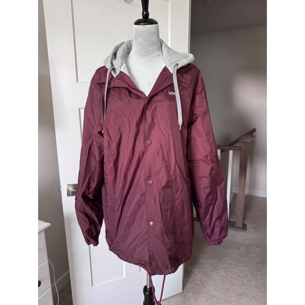 Vans Mens XL Hooded Coaches Jacket Burgundy Maroon Fleece Lined Windbreaker